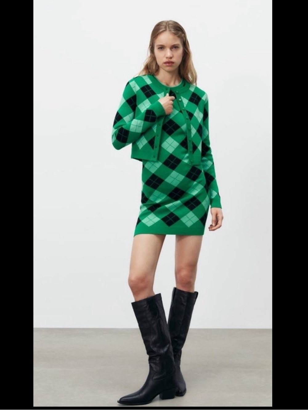 ZARA ARGYLE KNIT MATCHING DRESS AND CARDIGAN
